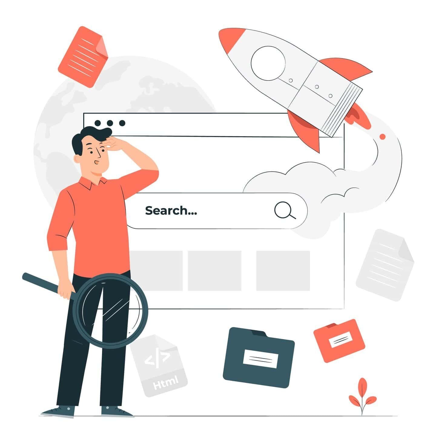 An icon showing a man standing in front of a computer screen, surrounded by rockets and other graphics, symbolizing website design.